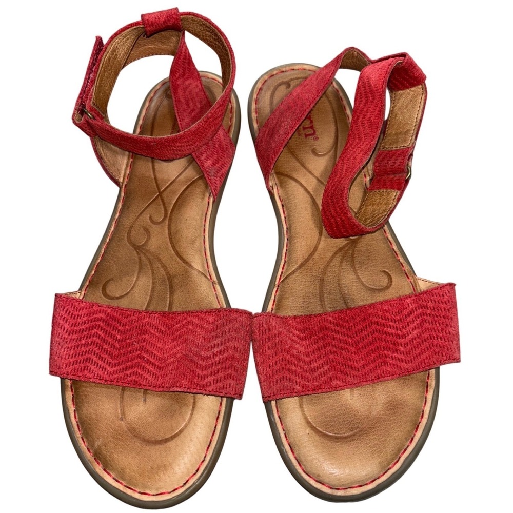 Born Womens 9M Mai Red Leather Chevron Textured Ankle Strap Sandals Beach Coast